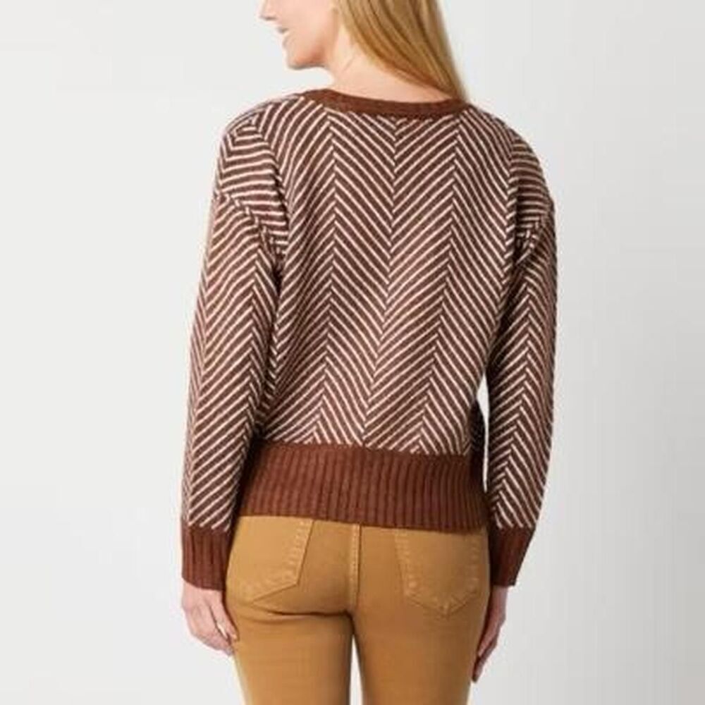 a.n.a. Women’s 1X Brown White Cardigan Sweater Soft Chevron Knit Button Front - Picture 3 of 8